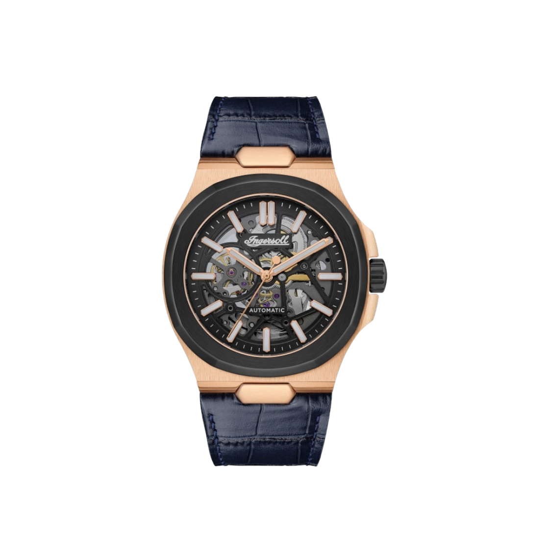 잉거솔 카탈리나 스켈레톤 42mm I12506 오토매틱 스테인리스 스틸 레더 로즈 골드 블랙 블루 다이얼(Ingersoll Catalina Skeleton 42mm I12506 Automatic Stainless Steel Leather Rose Gold Black Blue Dial)