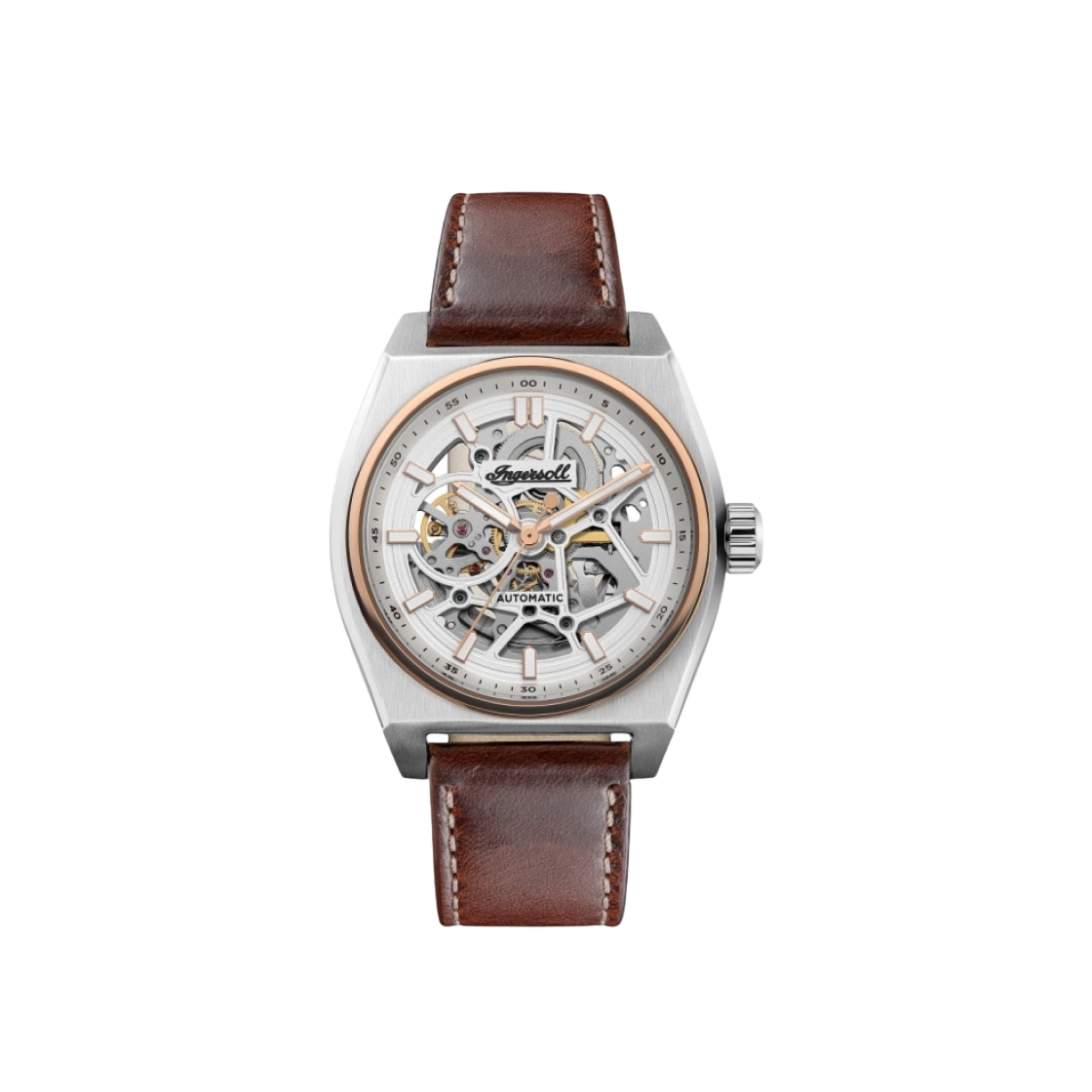 잉거솔 버트 43mm I14302 오토매틱 스테인리스 스틸 레더 실버 로즈 골드 화이트 브라운 다이얼(Ingersoll Vert 43mm I14302 Automatic Stainless Steel Leather Silver Rose Gold White Brown Dial)