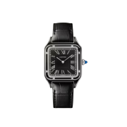 Cartier Santos Dumont Watch Large Manual Winding Steel Black Lacquer Alligator Leather Black