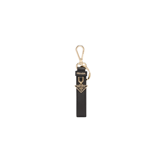 Prada Saffiano Leather Triangle Logo Keyring Black Gold