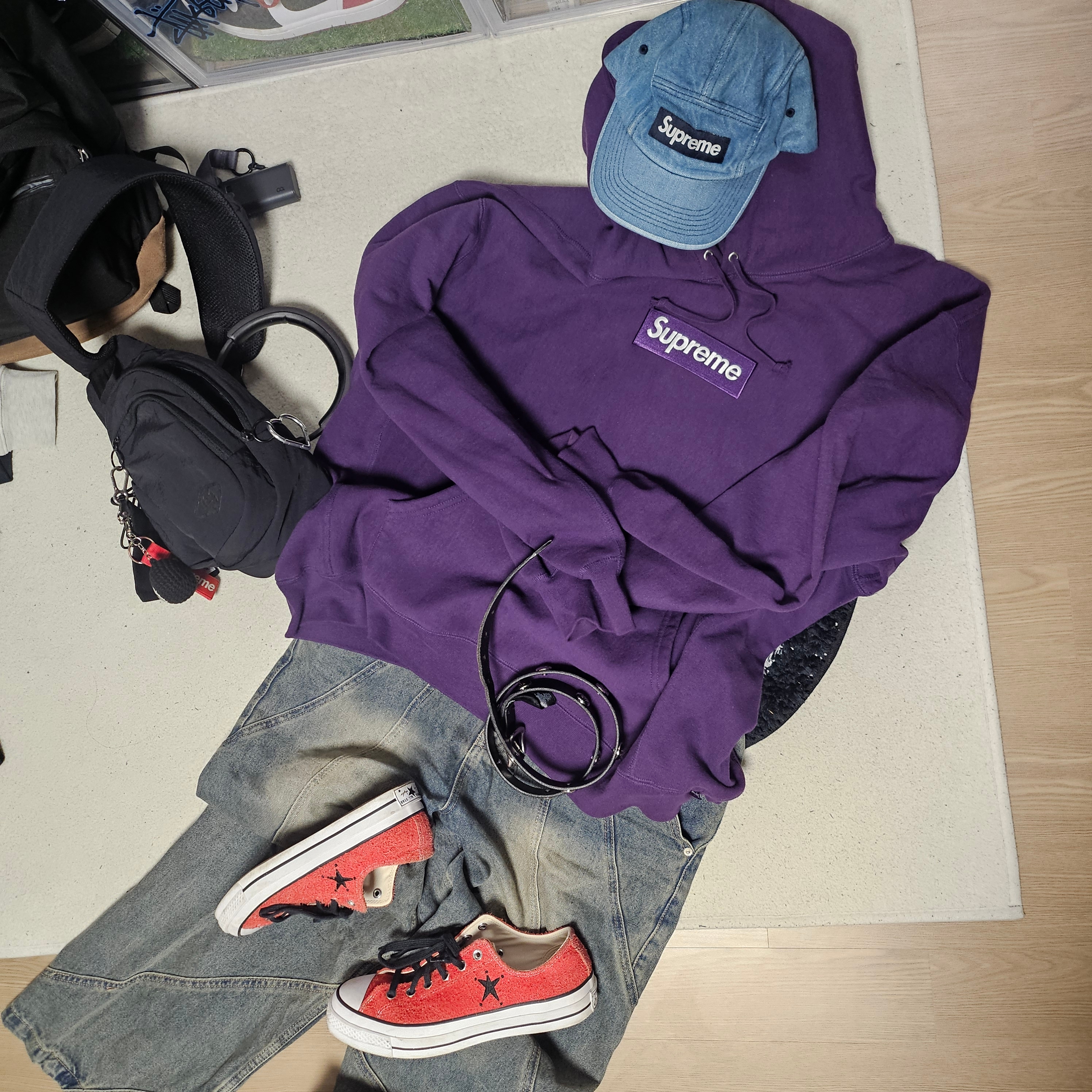 Supreme Washed Chino Twill Camp Cap Denim - 23FW, New Era x Aeca White Varsity Jacket Navy 착용 스타일 - 4