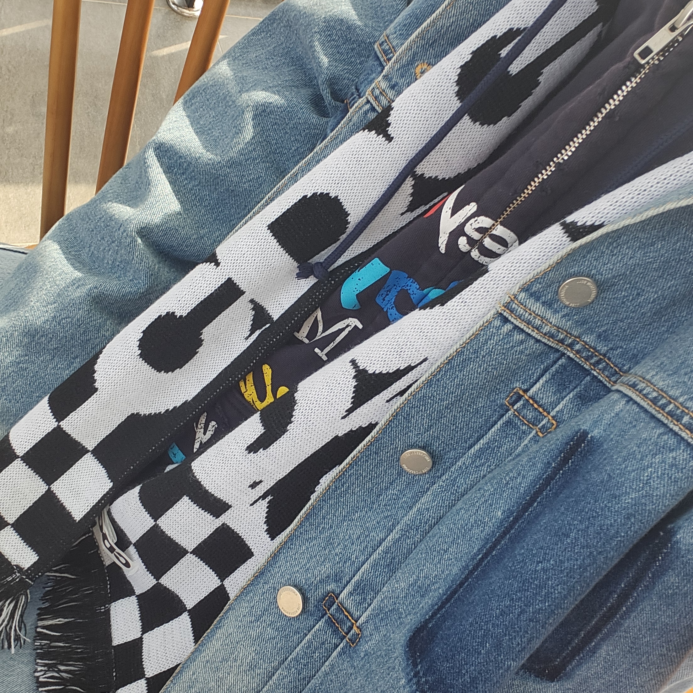 CDG Logo Check Muffler White Black, Project G/R Happiness Zip Hoodie Navy 착용 스타일