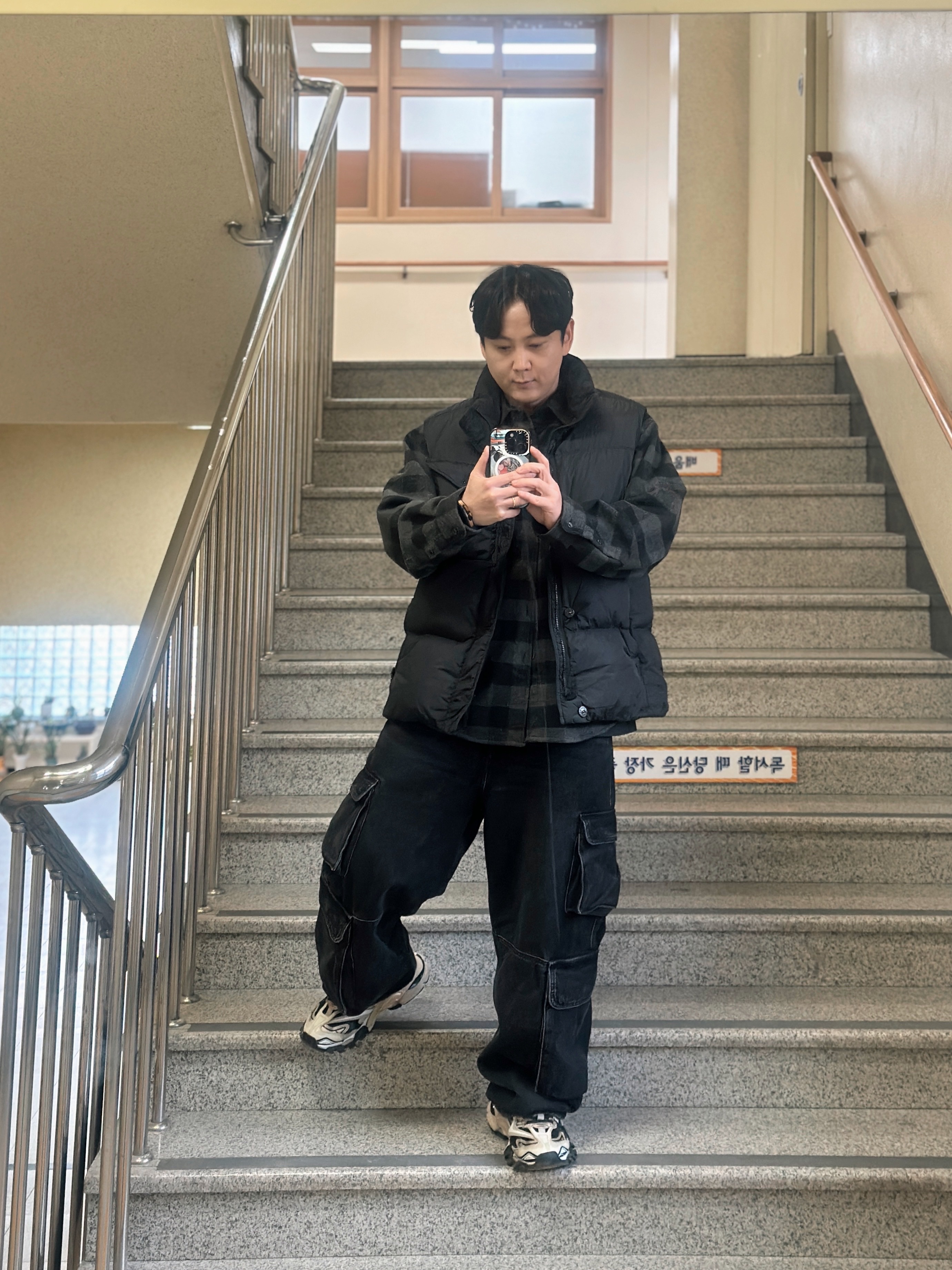 IAB Studio Gingham Check Shirt Black White, Stone Island G0223 Crinkle Reps R-NY Down Vest with Anti Drop Black - 24FW 착용 스타일