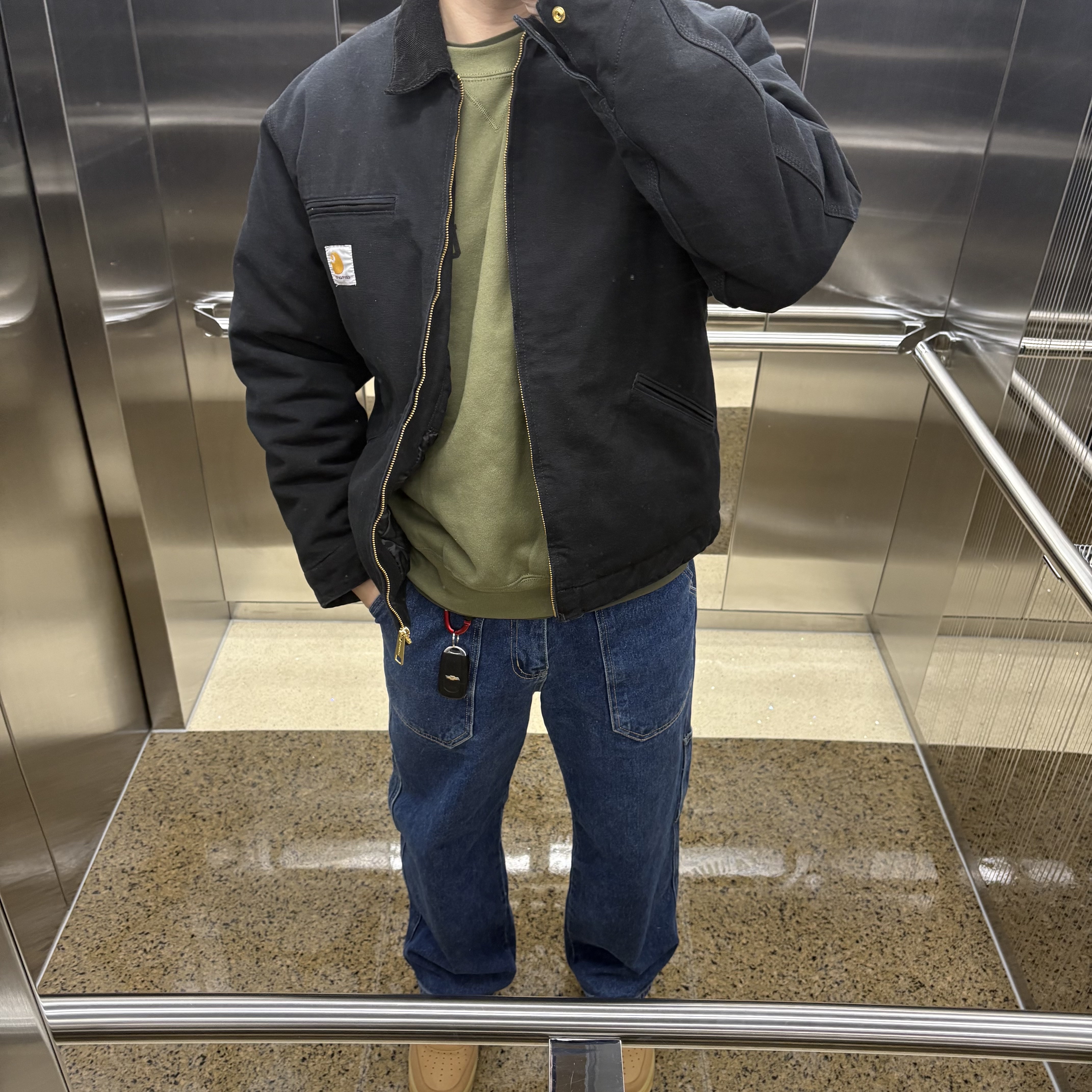 Carhartt WIP Organic Cotton Dearborn Canvas OG Detroit Jacket Black Aged Canvas - Winter, Nike Air Force 1 '07 WB Flax 착용 스타일