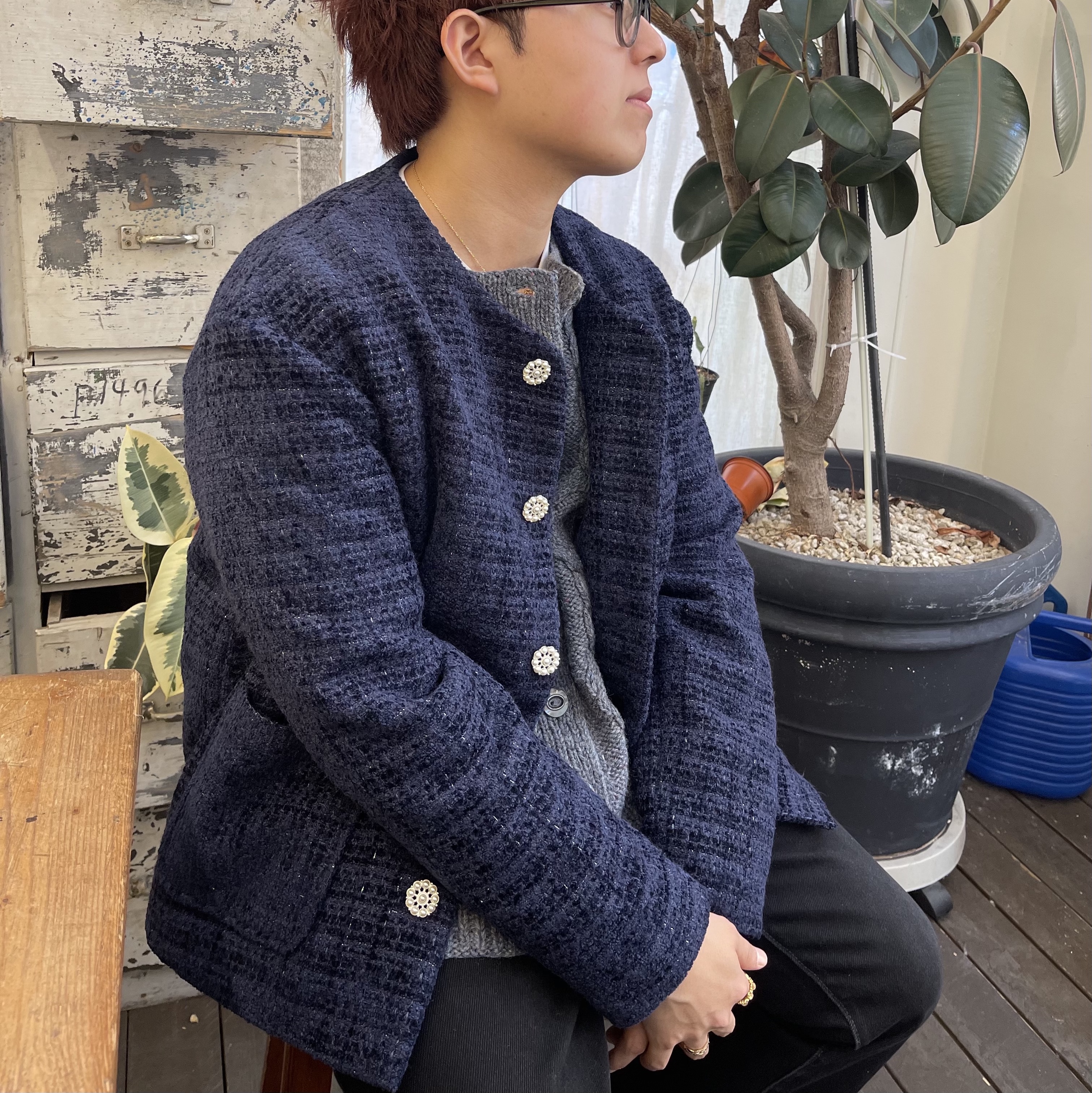 Hono Report Collarless  Cardigan Navy Tweed 착용 스타일