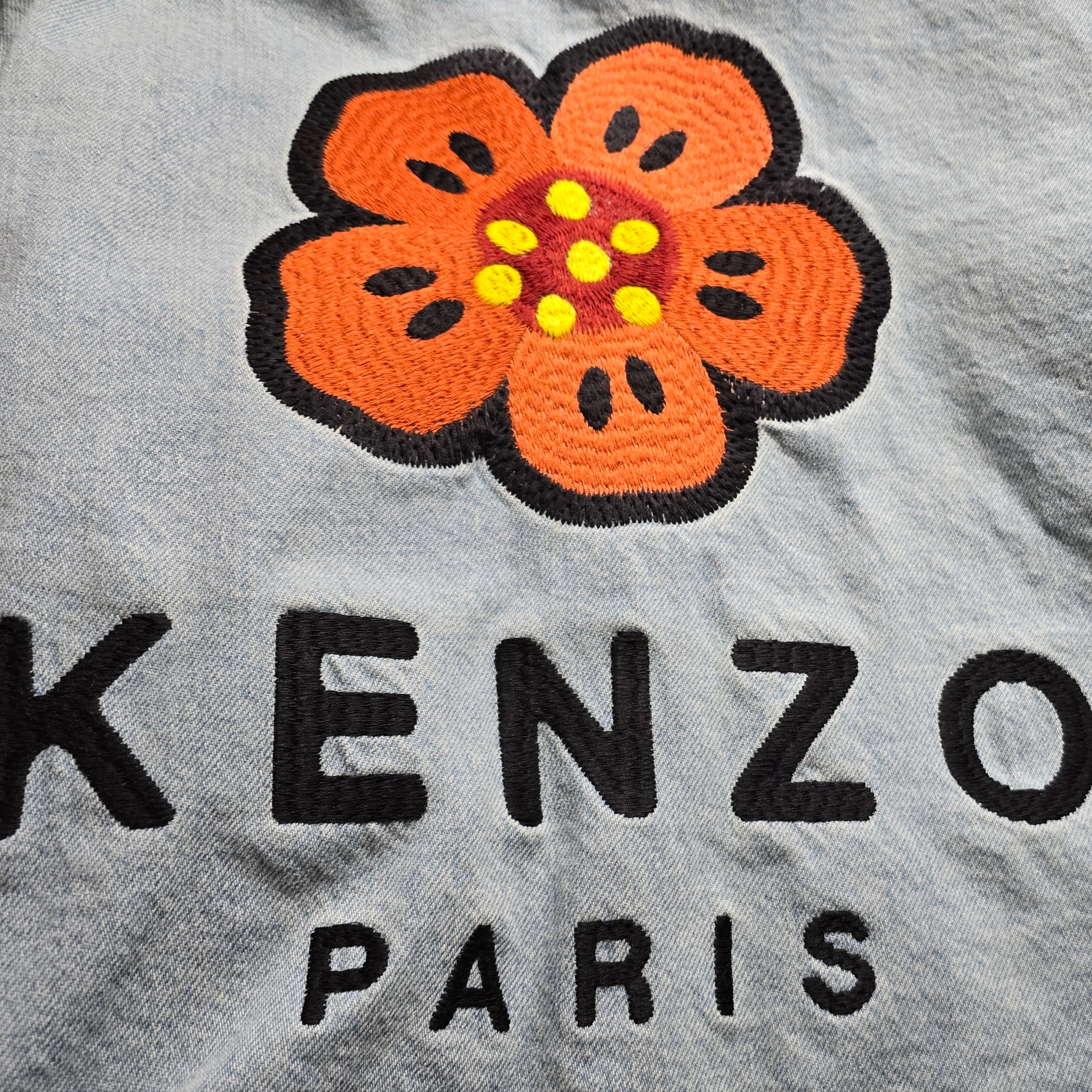 (W) Kenzo Boke Flower Embroidery Denim Trucker Jacket Sky Blue 착용 스타일