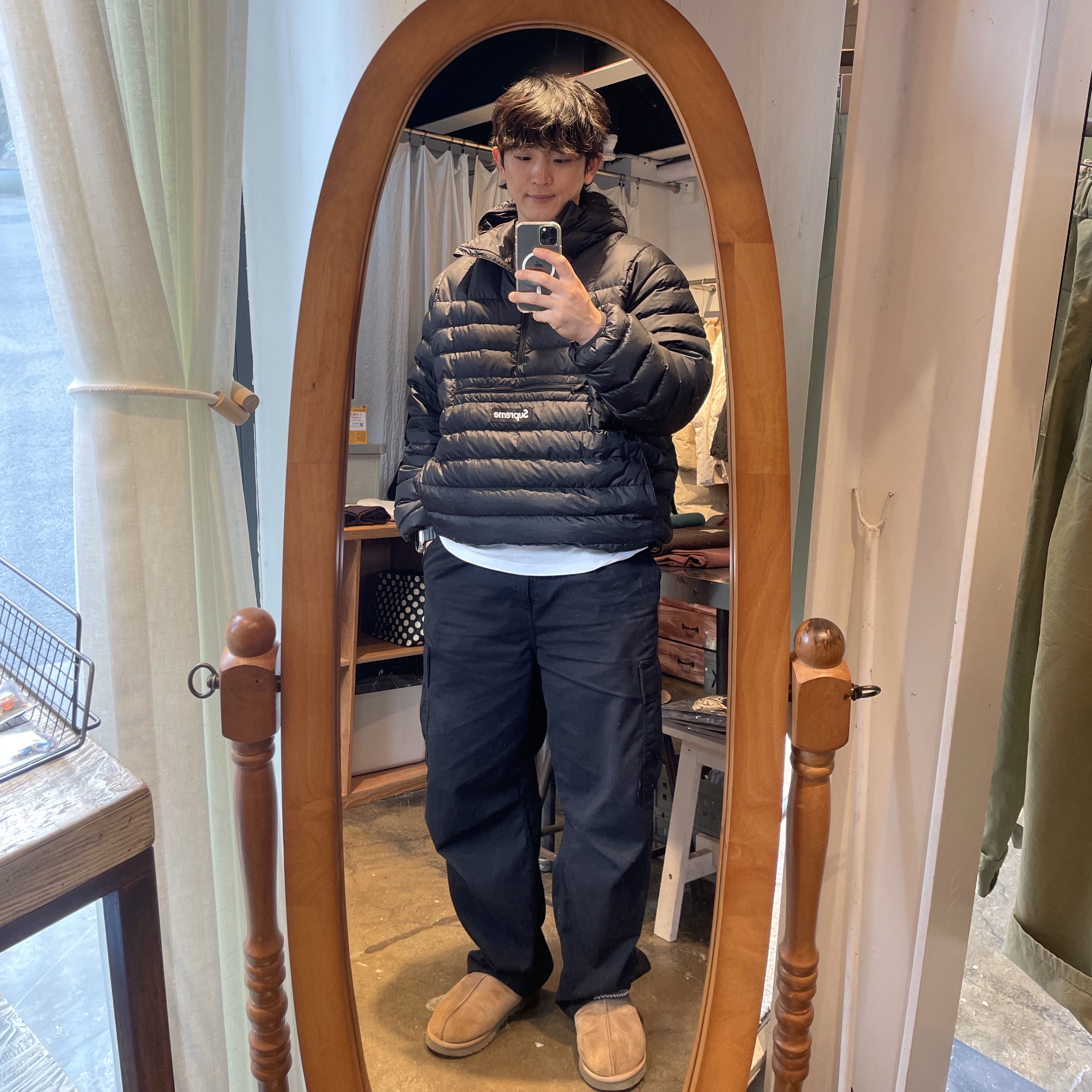 Carhartt WIP Cole Cargo Pants Black Garment Dyed, Supreme Micro Down Half Zip Hooded Pullover Black - 24FW 착용 스타일