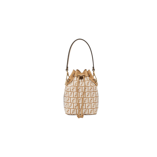Fendi Mon Treso Tapestry Fabric FF Motif Raffia Mini Bag White