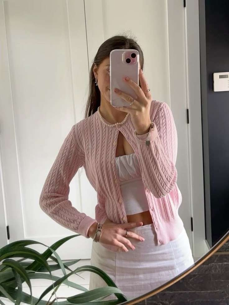 [20% 적립] Polo Ralph Lauren Children Mini Cable Cotton Cardigan Pink 착용 스타일