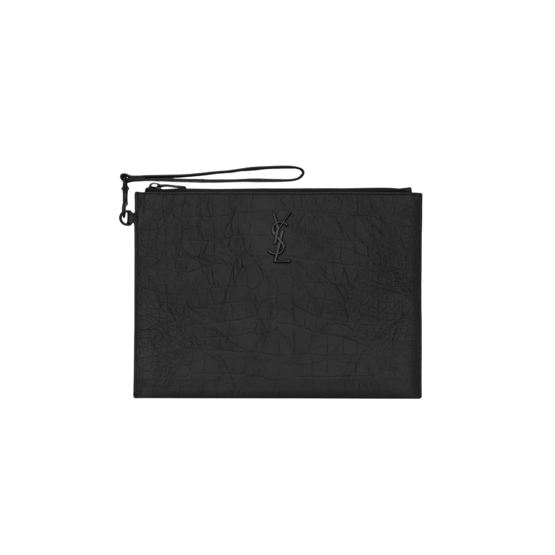 667686-C9H0U-1000 Saint Laurent Cassandre Zipped Tablet Holder in Crocodile-Embossed Leather Noir