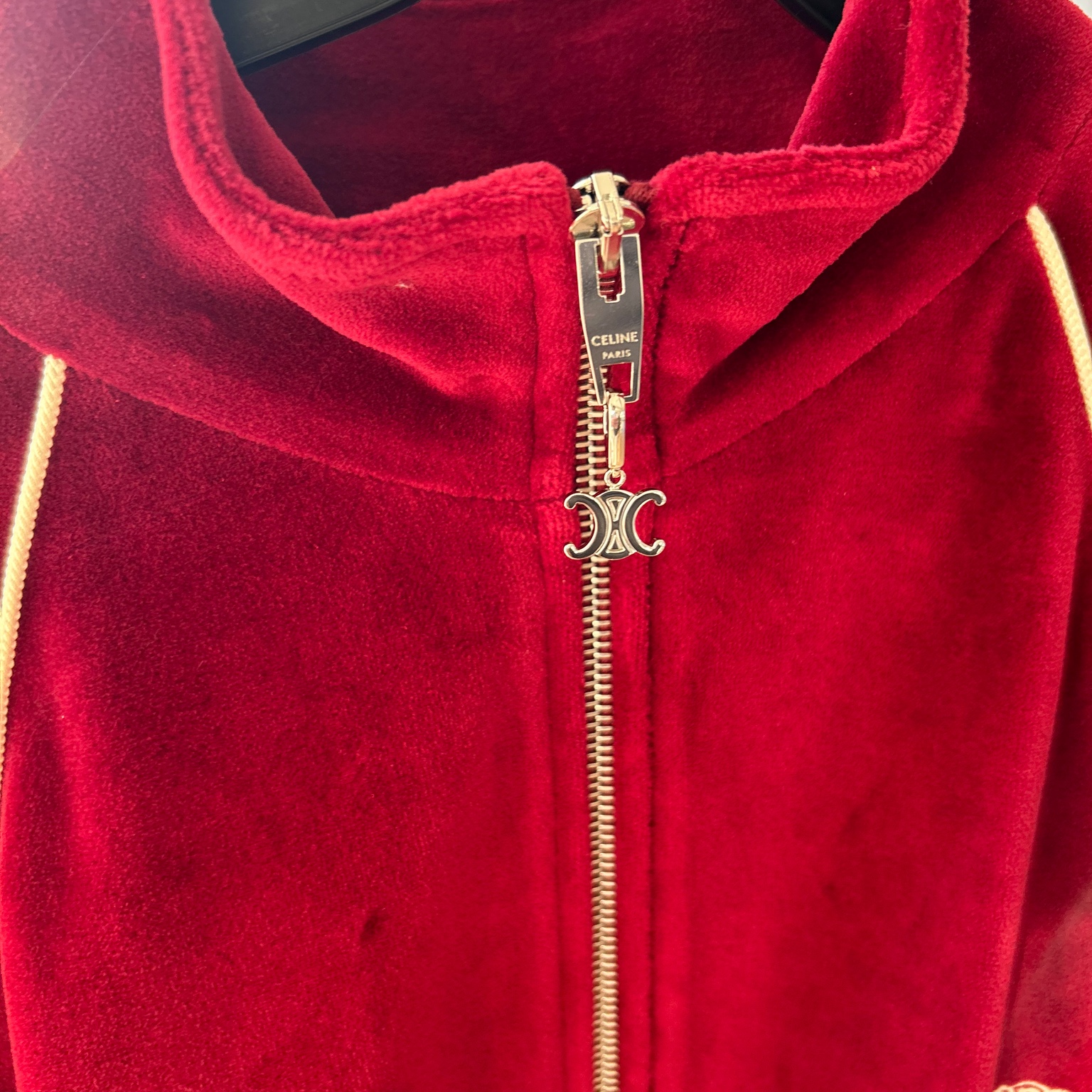 Celine Triomphe Velvet Jersey Tracksuit Jacket Bordeaux China Ecru 착용 스타일 - 3