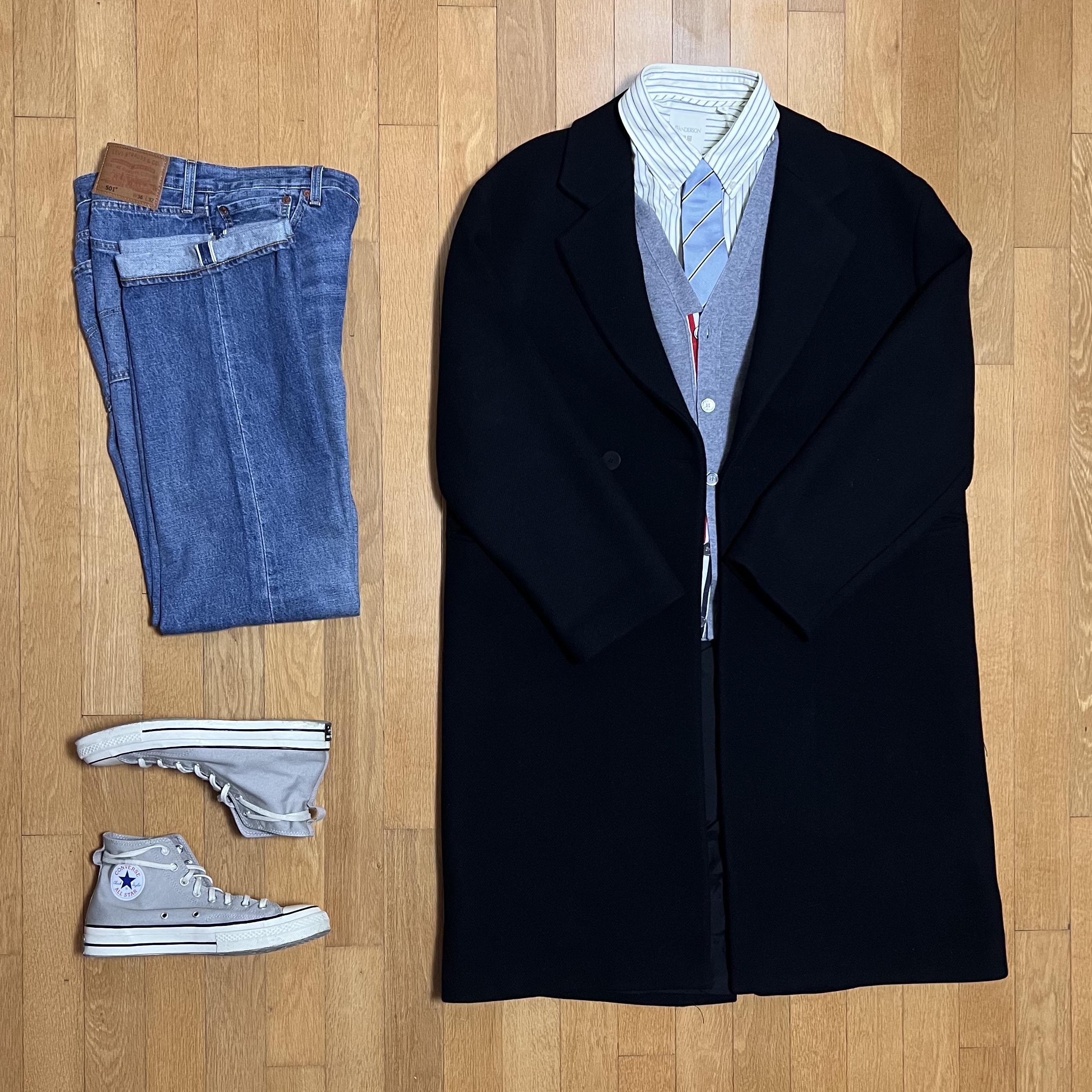 Zara x Studio Nicholson Oversize Coat Black, Uniqlo x JW Anderson Oxford Oversized Shirt Stripe Yellow - KR 착용 스타일