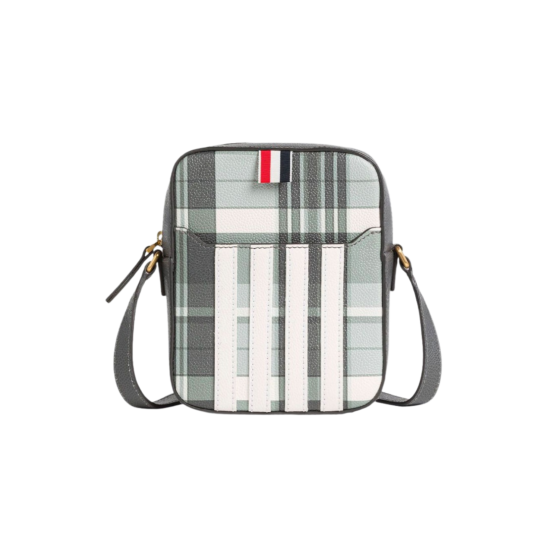 MAG432A-L0041-980 Thom Browne Pebble Grain Leather Madras 4-Bar Vertical Camera Bag Black White
