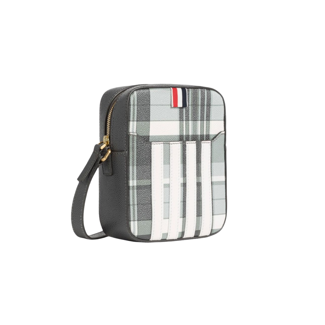 톰브라운 페블 그레인 레더 마드라스 사선 버티컬 카메라백 블랙 화이트(Thom Browne Pebble Grain Leather Madras 4-Bar Vertical Camera Bag Black White) - 2