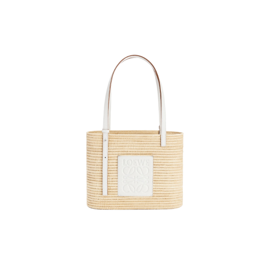 Loewe Small Square Basket Bag in Raffia and Calfskin Natural White