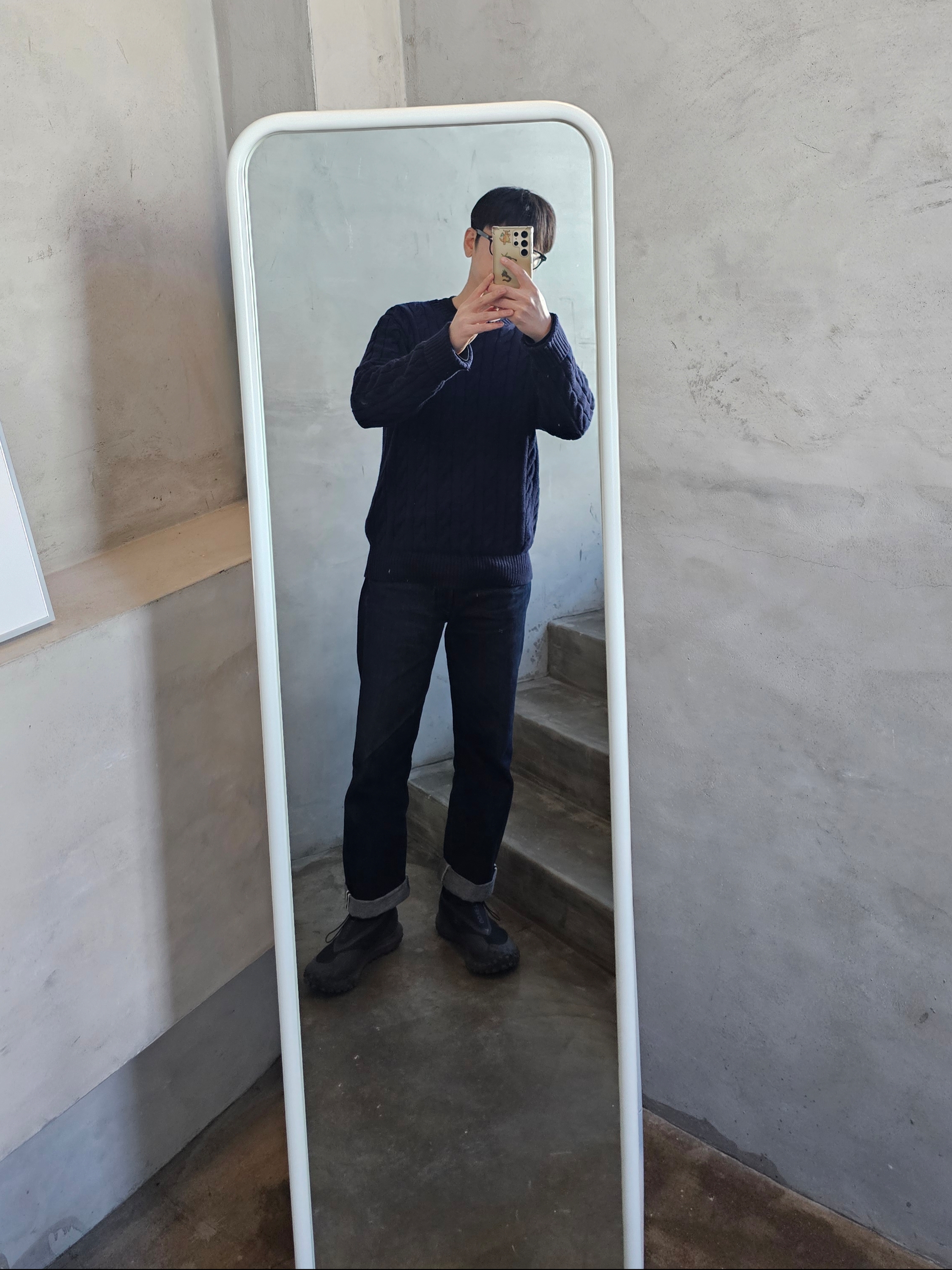 [30%적립] Polo Ralph Lauren Cable Knit Cotton Sweater Hunter Navy, LVC 1955 501 Rigid Cotton Jean Dark Indigo 착용 스타일 - 2