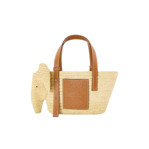 Loewe Small Elephant Basket Bag In Raffia and Calfskin Natural Tan