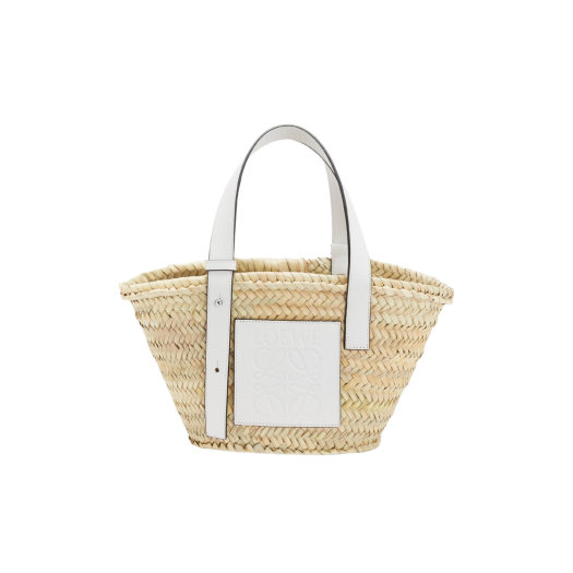 Loewe Small Basket Bag in Palm Leaf and Calfskin Natural White