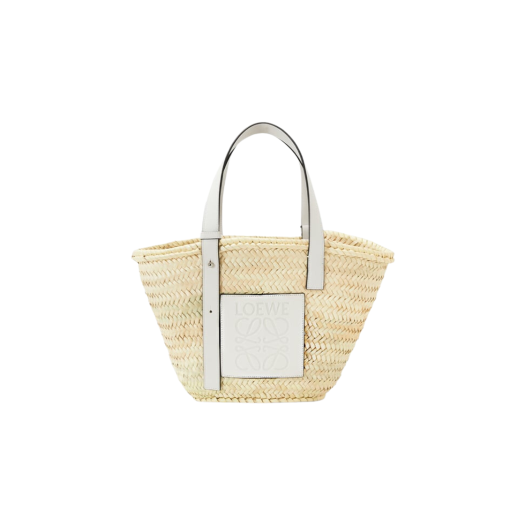 Loewe Basket Bag In Palm Leaf and Calfskin Natural White
