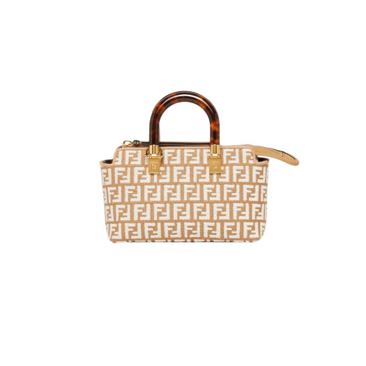Fendi By The Way Mini Small Raffia Boston Bag with Tapestry Fabric FF Motif White