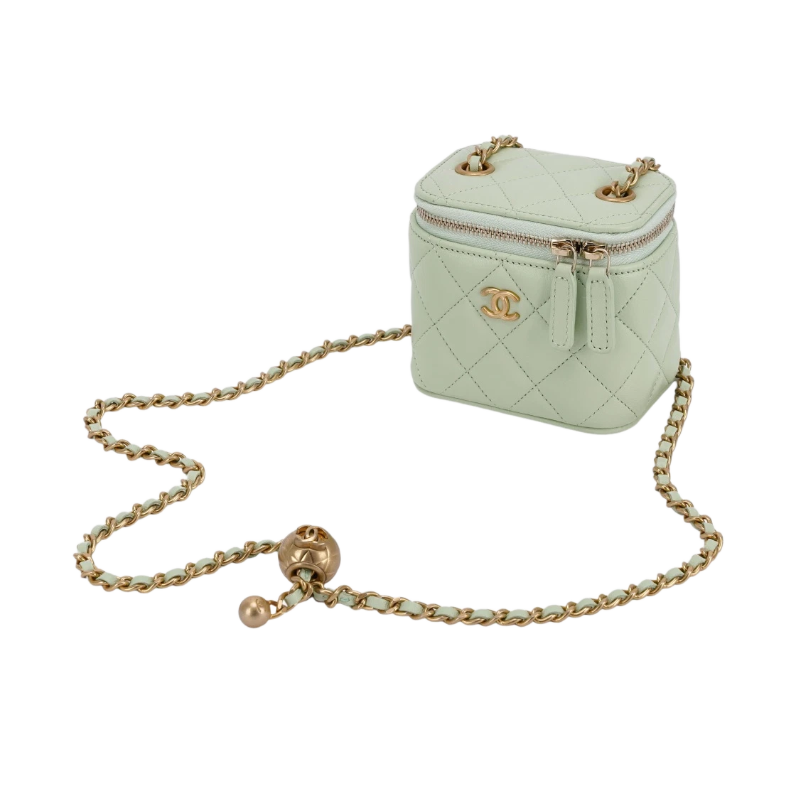 샤넬 스몰 체인 코스메틱 케이스 램스킨 & 골드 메탈 라이트 그린 | Chanel | KREAM Chanel Small Vanity With Chain Lambskin... 