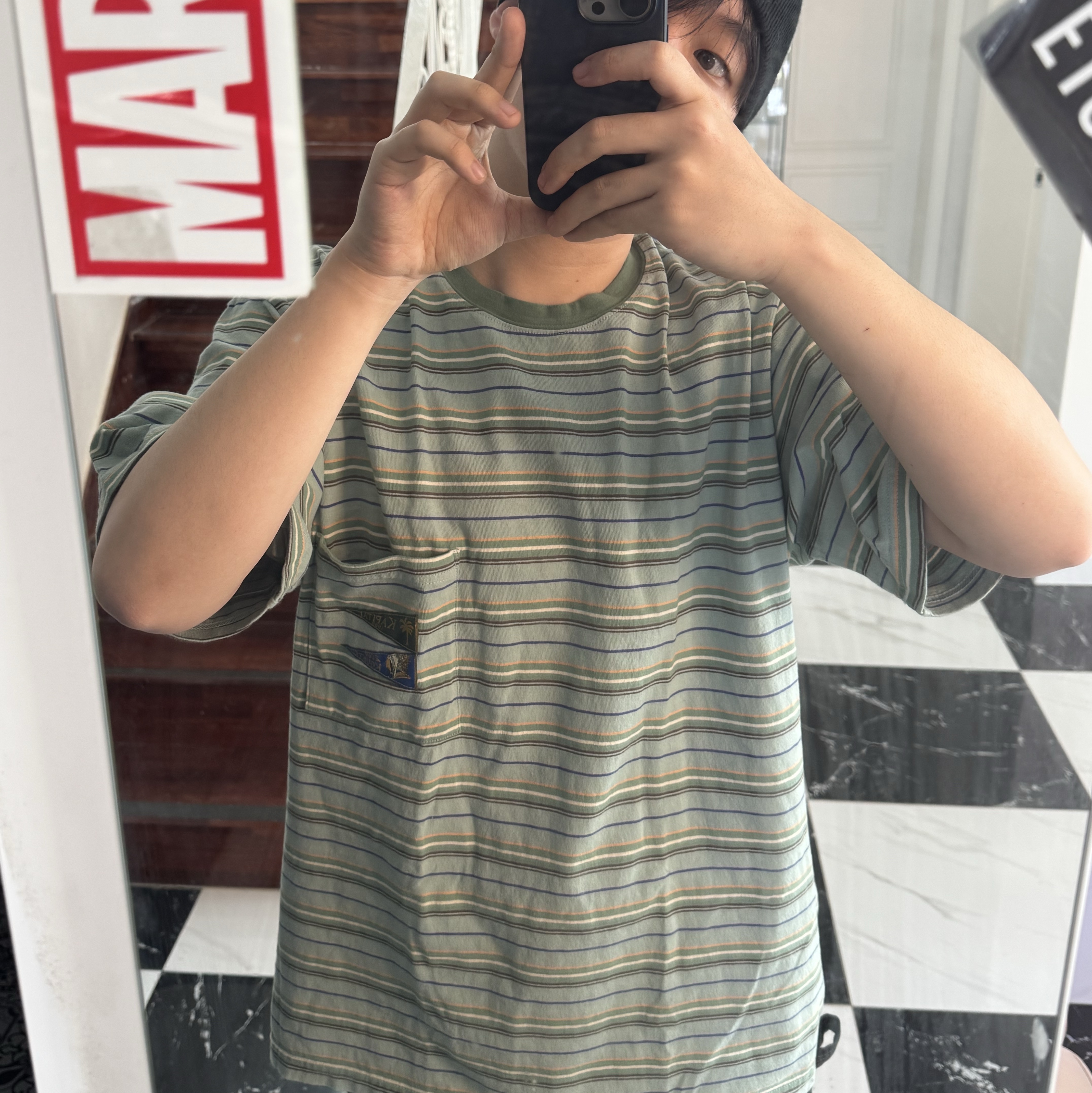 Kapital Multi Border Jersey Pennant T-Shirt 3Flags Mint Green 착용 스타일 - 2