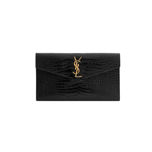 Saint Laurent Uptown Pouch in Crocodile Embossed Shiny Leather Black