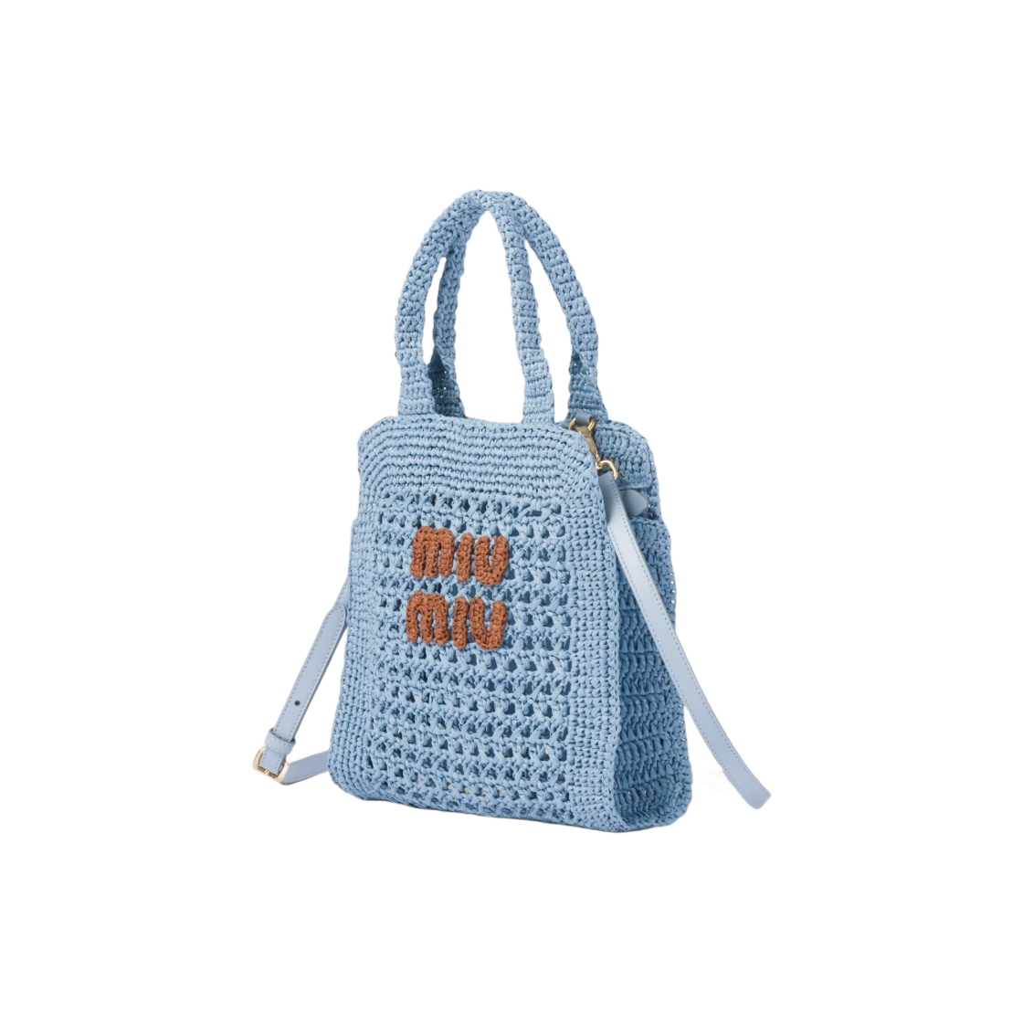 미우 미우 라피아 이펙트 크로쉐 패브릭 토트백 셀레스트 꼬냑(Miu Miu Raffia Effect Crochet Fabric Tote Bag Celeste Cognac) - 2