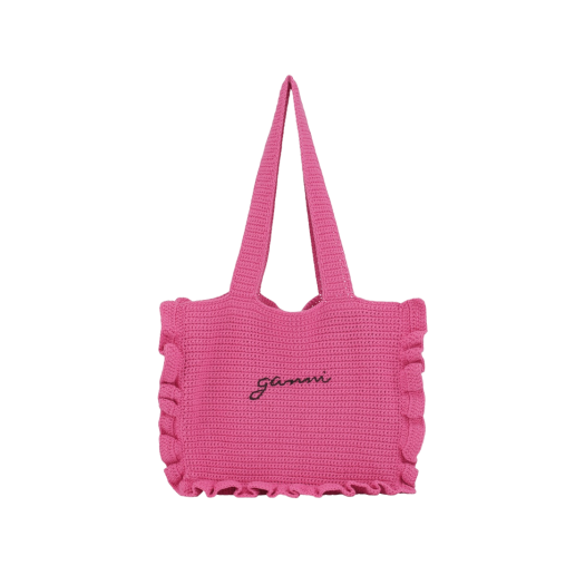 Ganni Crochet Frill Tote Solid Bag Shocking Pink