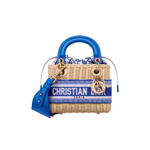 Dior Mini Lady Bag Natural Wicker Fluorescent Blue Dior Oblique Jacquard