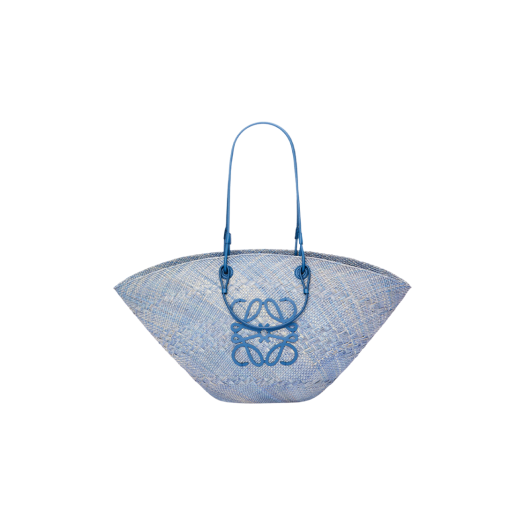 Loewe Large Anagram Basket Bag In Iraca Palm and Calfskin Denim Blue