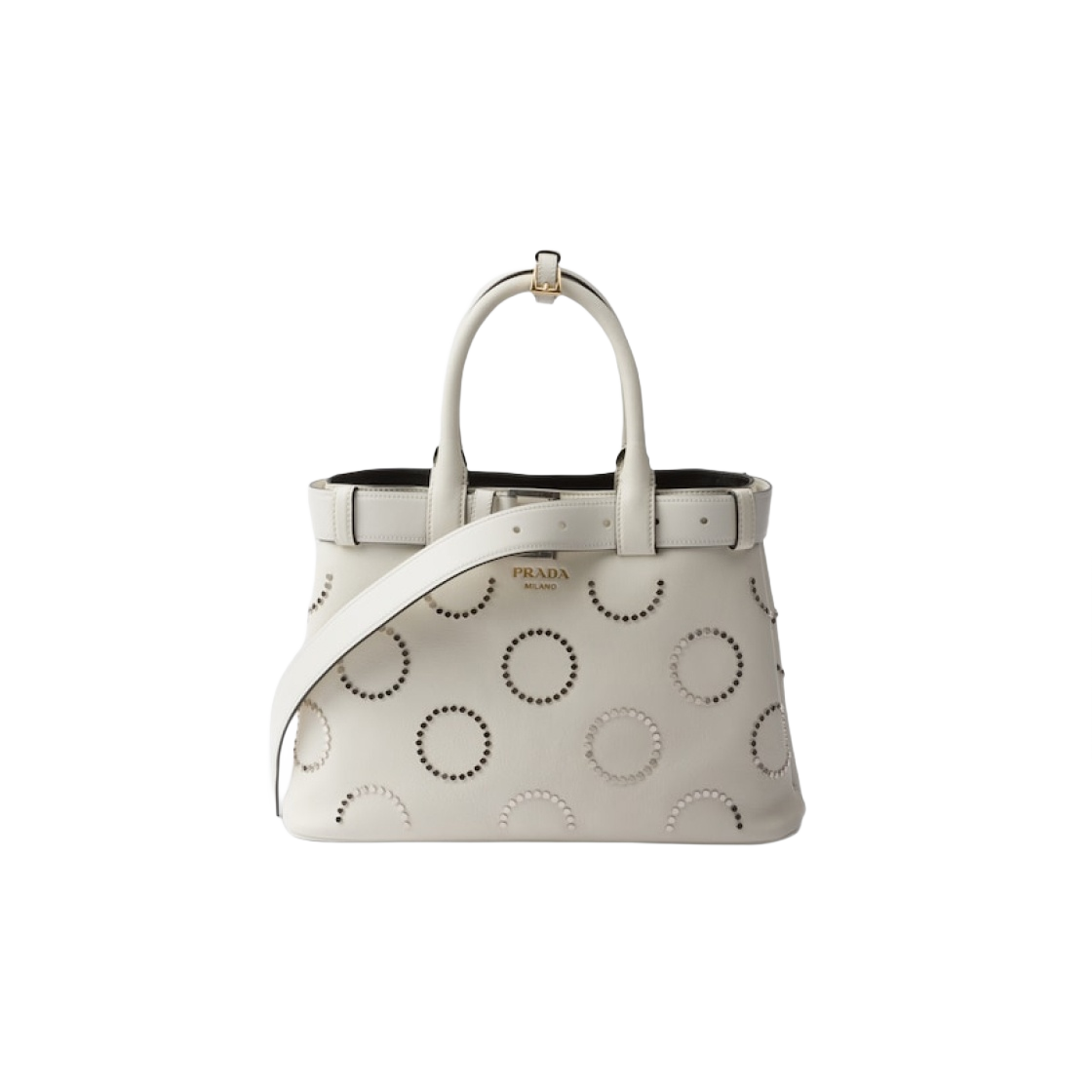 1BA416-2CY9-F0002 Prada Prada Buckle Medium Leather Bag with Appliques White Black