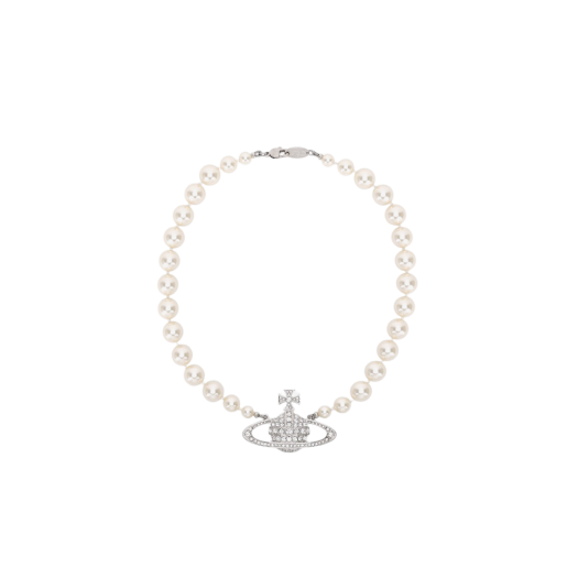 Vivienne Westwood One Row Pearl Bas Relief Choker Silver