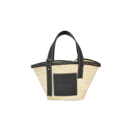 Loewe Small Inlay Basket Bag In Palm Leaf and Calfskin Natural Black