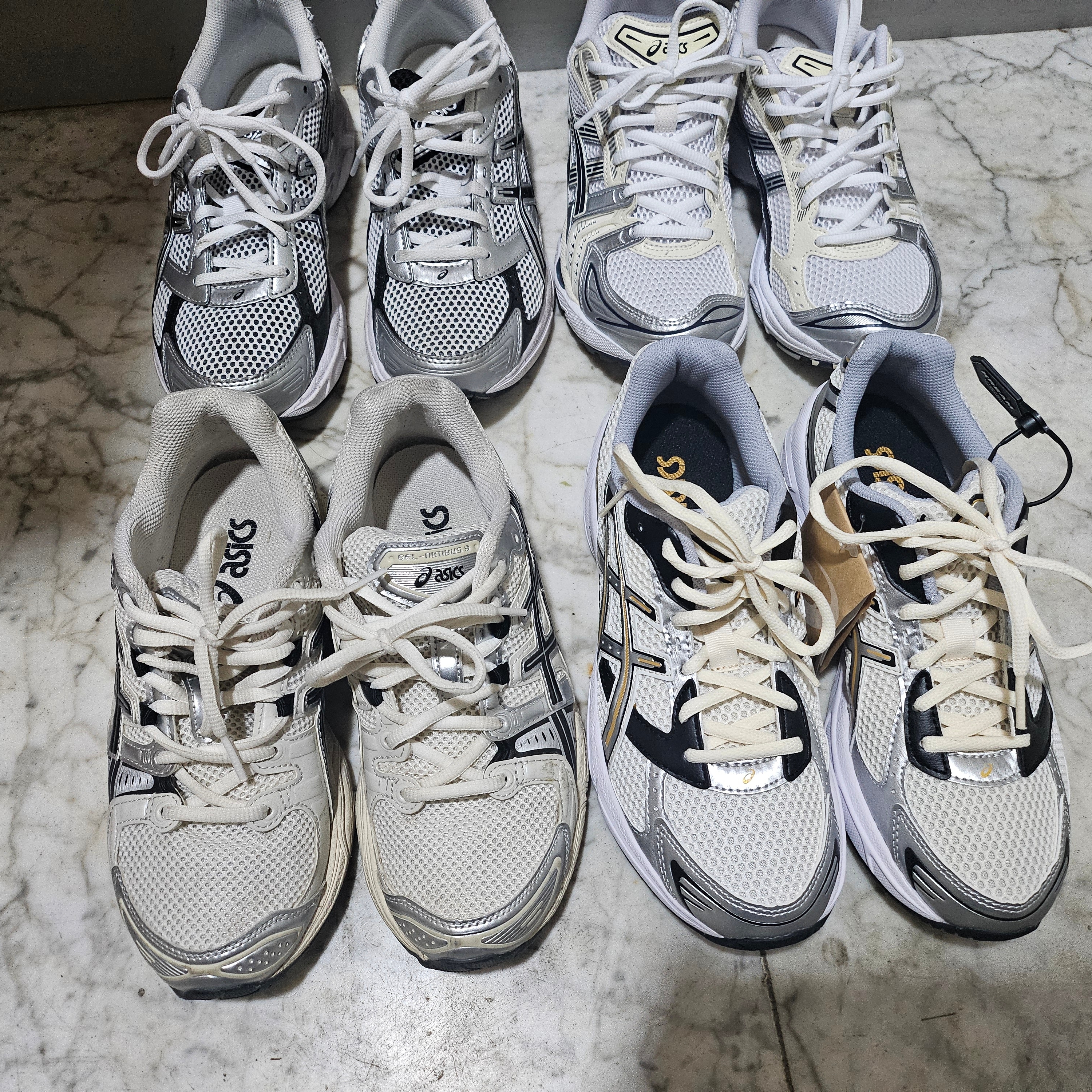 Asics Gel-1130 Cream Pure Silver, Asics Gel-Nimbus 9 Cream Black 착용 스타일