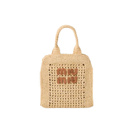 Miu Miu Crochet Raffia Tote Bag Beige Cognac