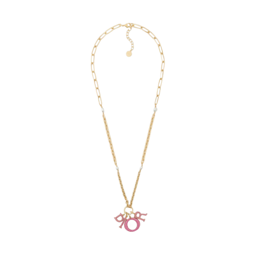 (W) Dior Lady Dior Necklace Gold Finish Metal White Resin Pearls Fuchsia Crystals