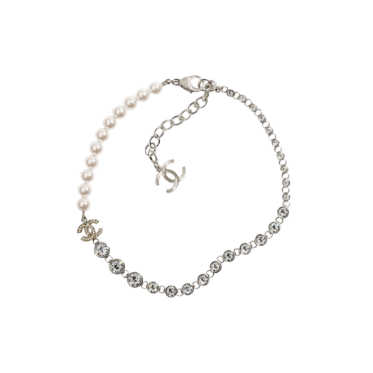 (W) Chanel Necklace Metal Glass Pearls Strass & Silver Pearly White Crystal