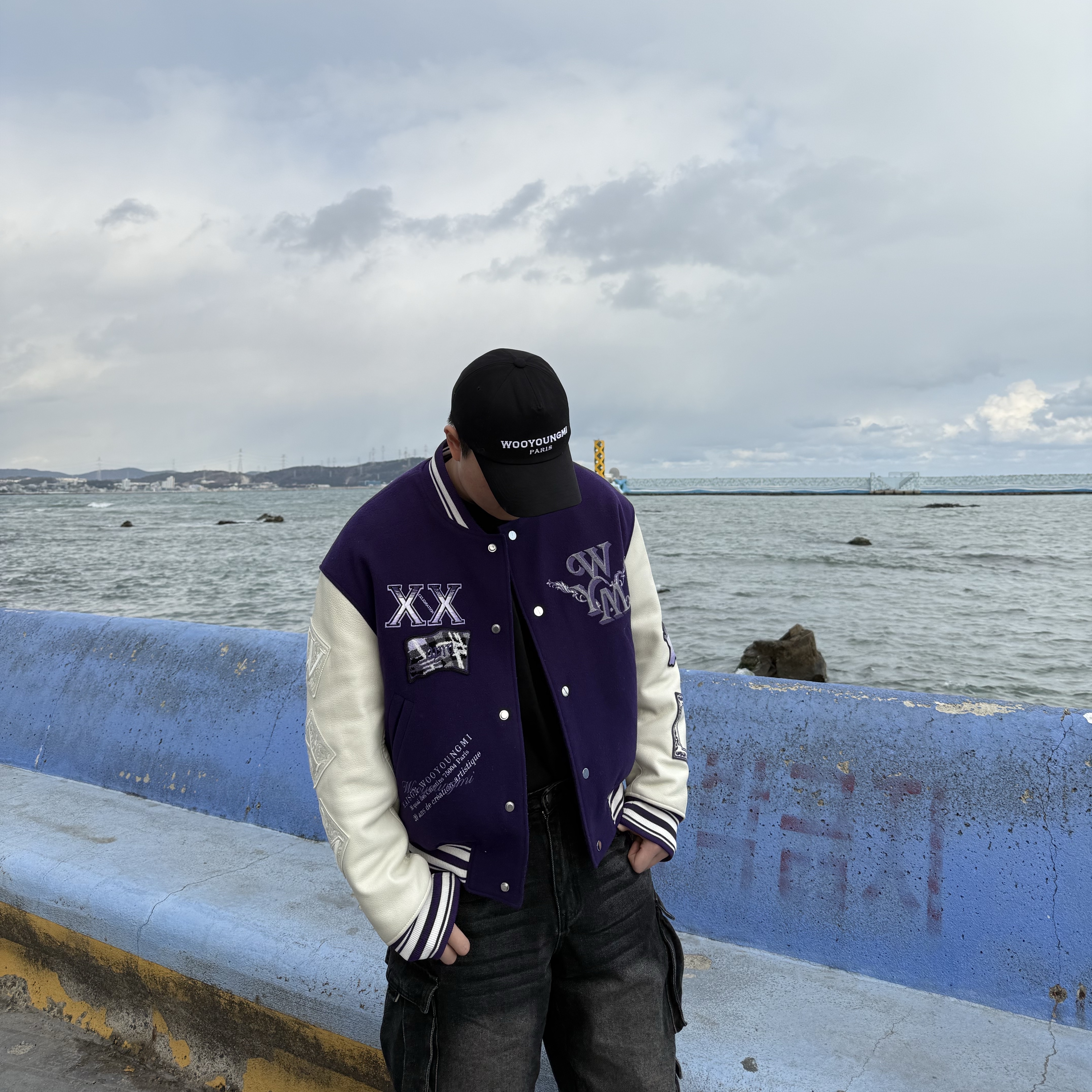 Wooyoungmi Varsity Jacket Violet - 23SS, Wooyoungmi Embroidered Ball Cap Black 착용 스타일