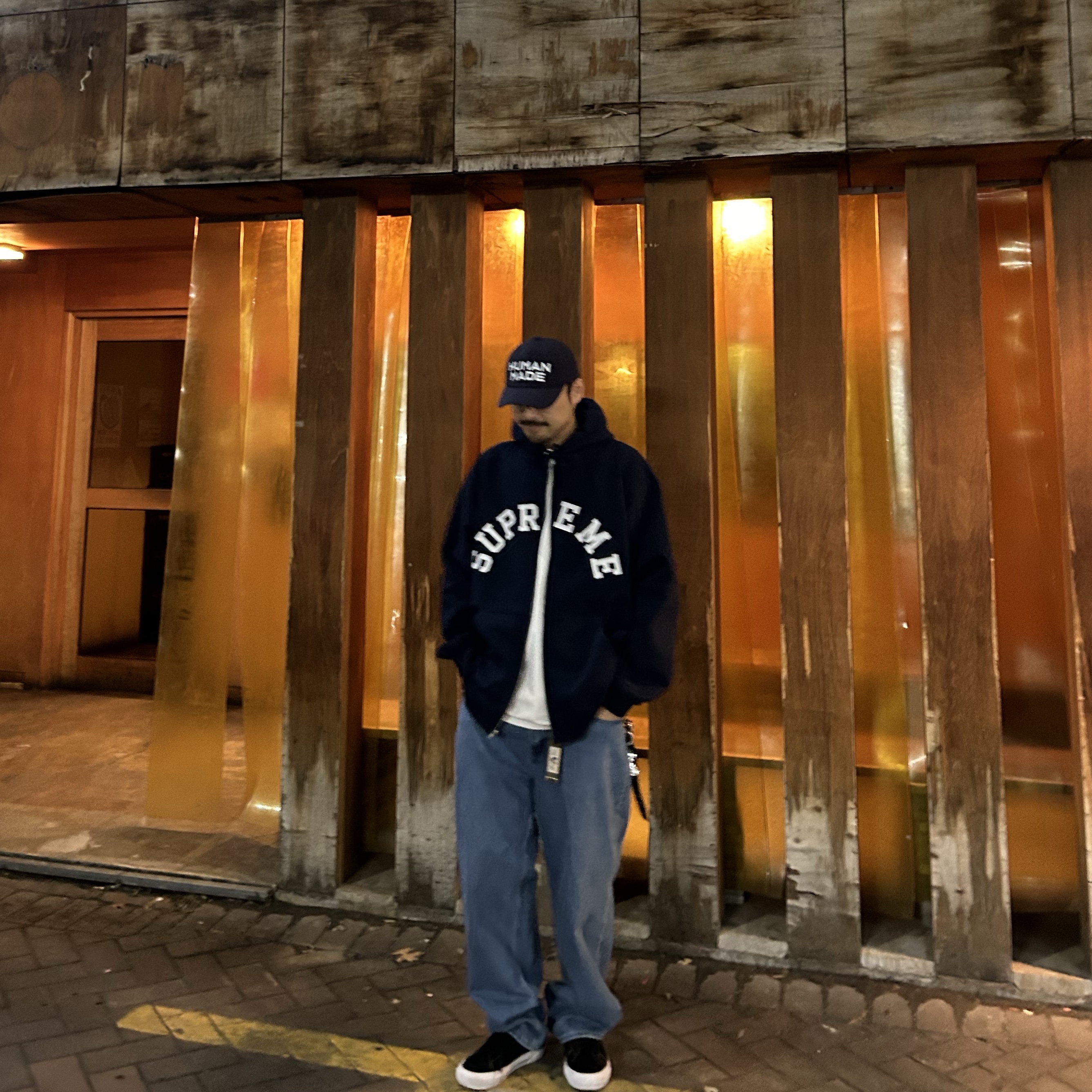 Human Made 5 Panel Nylon Cap Navy, Supreme x Champion Zip Up Hooded Sweatshirt Navy - 24SS 착용 스타일