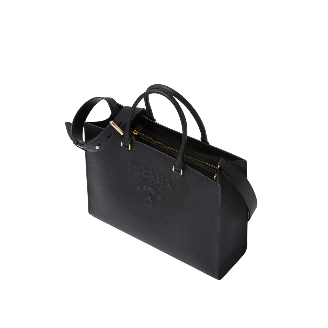 프라다 엠보스 로고 사피아노 레더 라지 핸드백 블랙(Prada Embossed Logo Saffiano Leather Large Handbag Black) - 2