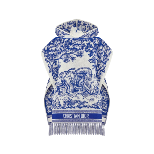 (W) Dior Toile De Jouy Sauvage Hooded Poncho Cotton Ivory Fluorescent Blue