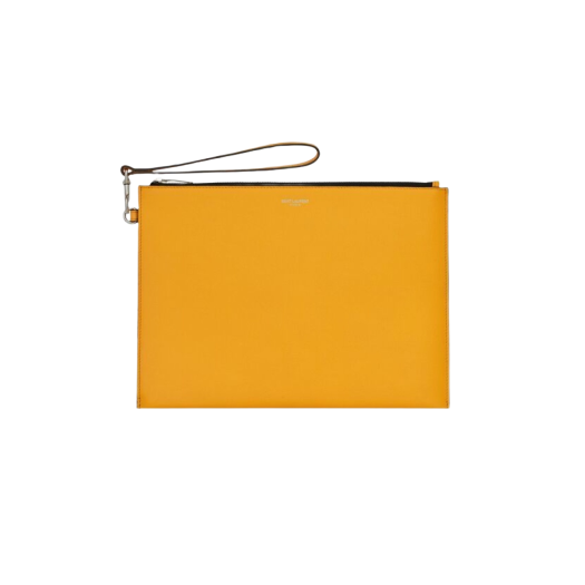 Saint Laurent Paris Zipped Tablet Holder in Grain de Poudre Embossed Leather Dark Jaune