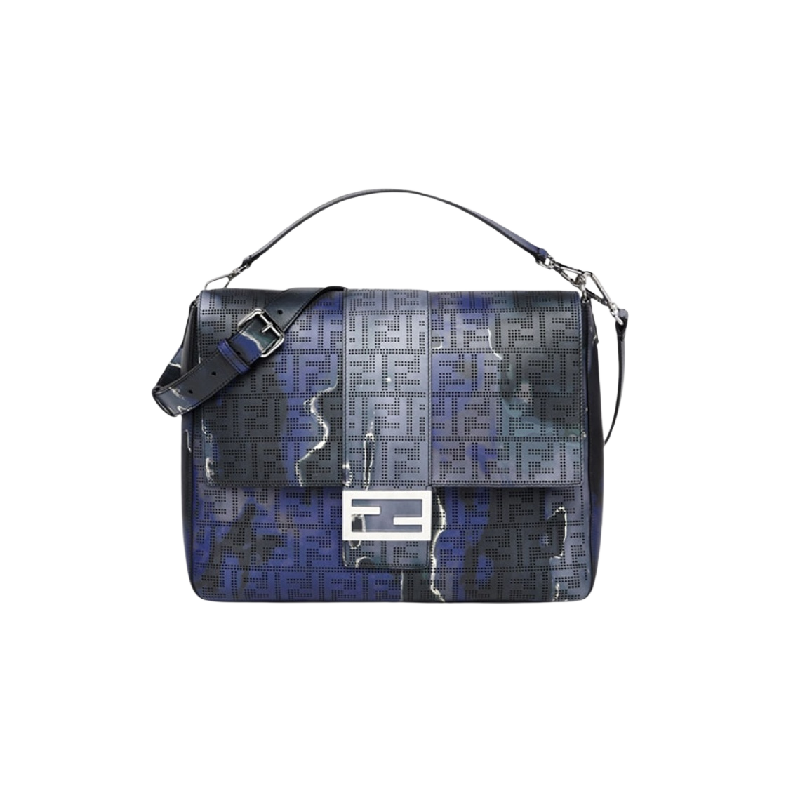 7VA536AHUQF1GLV Fendi Large Punching Leather Baguette Messenger Bag Blue - 대표 이미지 #1
