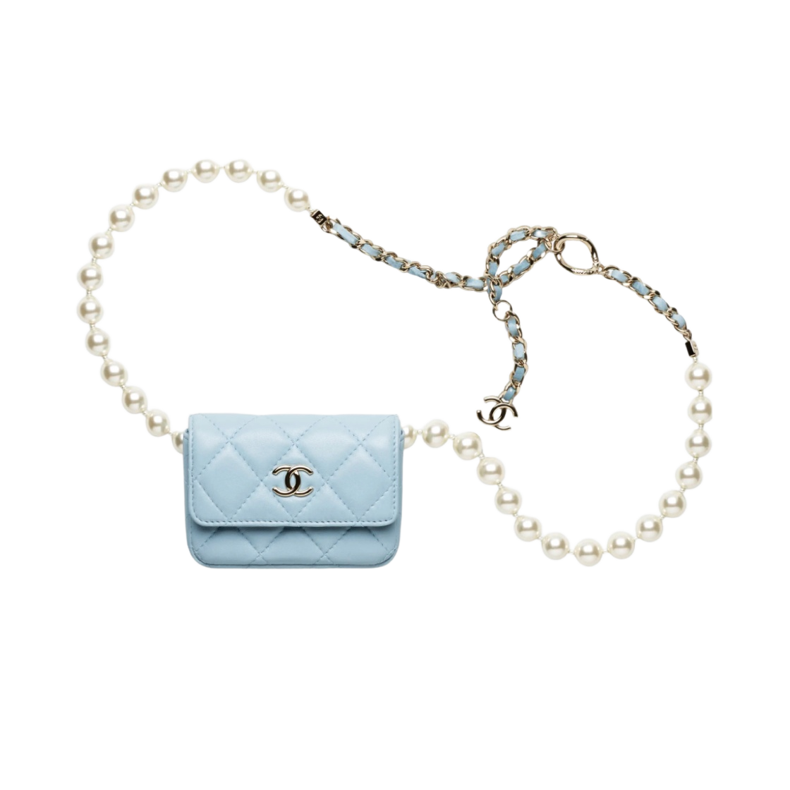 AP2654-B07531-NG752 Chanel Belt Bag Lambskin Imitation Pearls & Gold Light Blue - 대표 이미지 #1