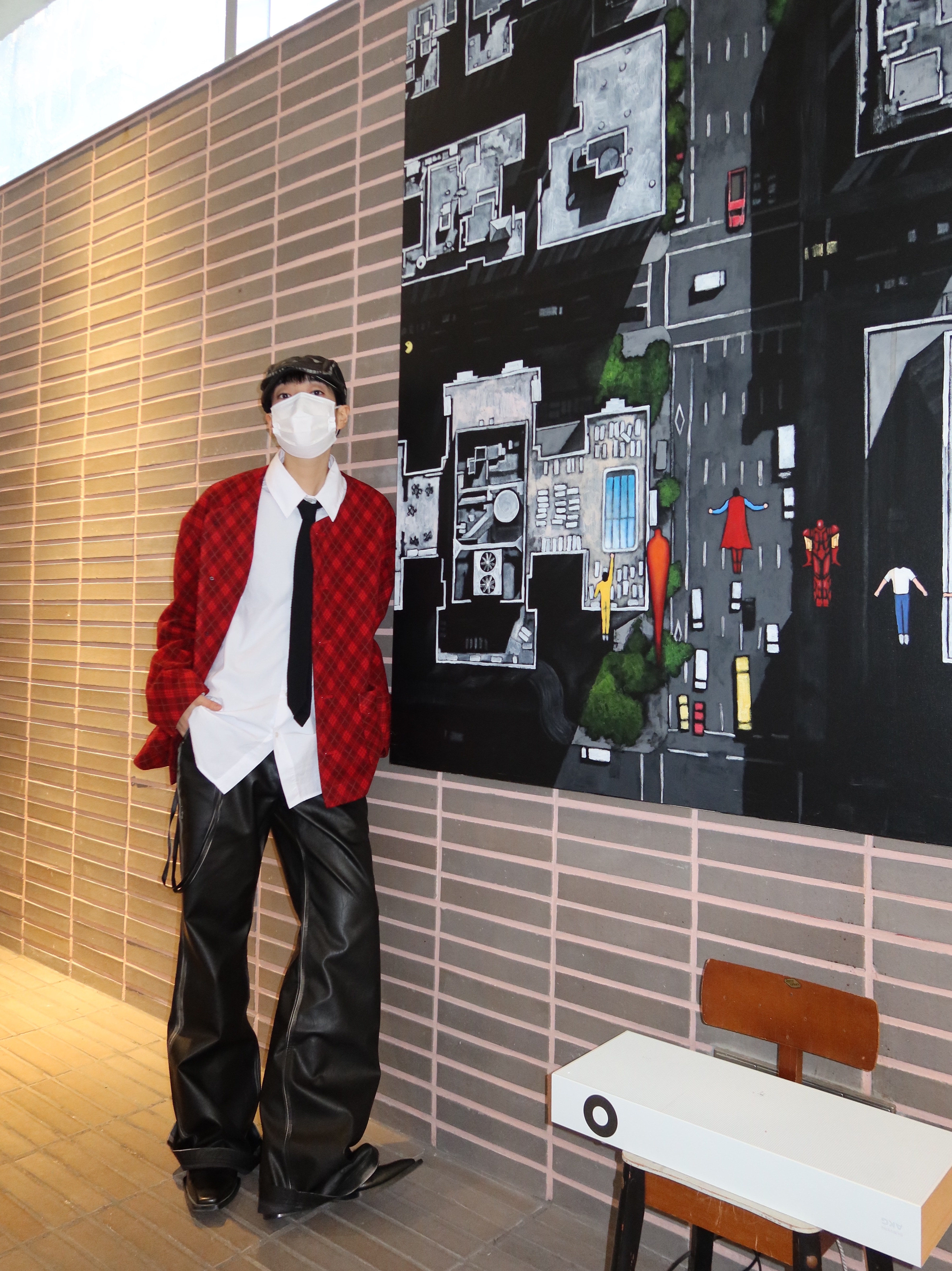 Hono Report Collarless Cardigan Red Argyle 착용 스타일 - 3