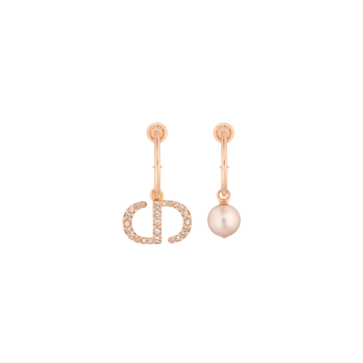 (W) Dior Petit CD Earrings Pink Finish Metal Pink Resin Pearl Pink Crystals