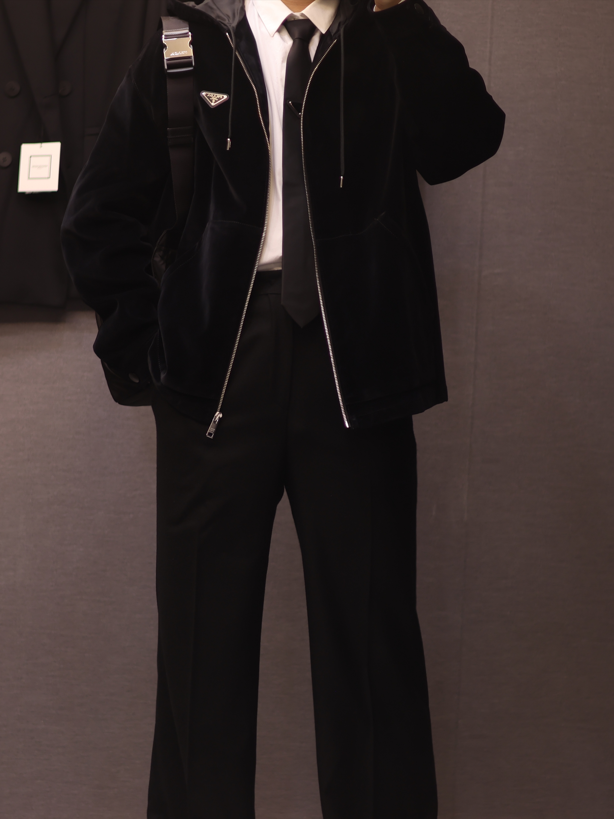 Prada Hooded Cotton Velvet Blouson Jacket Black, Prada Re-Nylon Gabardine Tie Black 착용 스타일 - 1