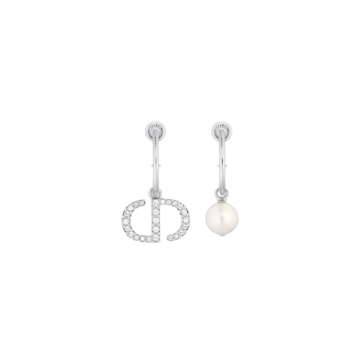 (W) Dior Petit CD Earrings Silver Finish Metal a White Resin Pearl Silver Tone Crystals
