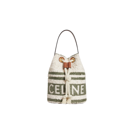 Celine Teen Drawstring in Striped Textile with Celine and Calfskin Khaki Tan